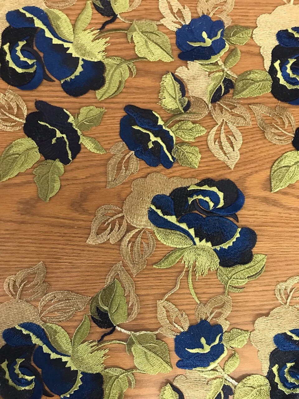 1 Yard Blue Rose Embroidered Lace Mesh Fabric Metallic Champagne Leaves 58/56" wide